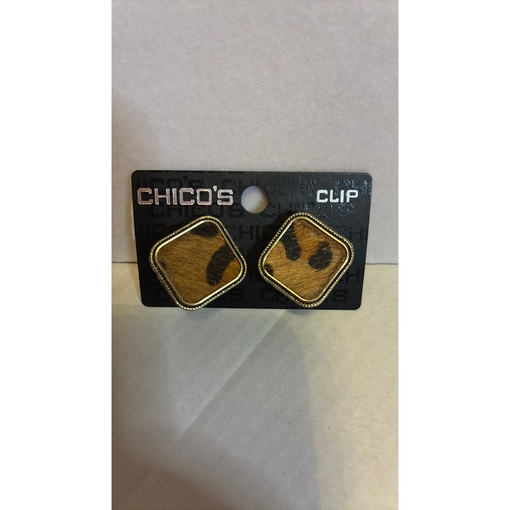 Chicos Clip On Earrings Leopard Print Calf Hair Gold Tone Square NWT New Jewelry